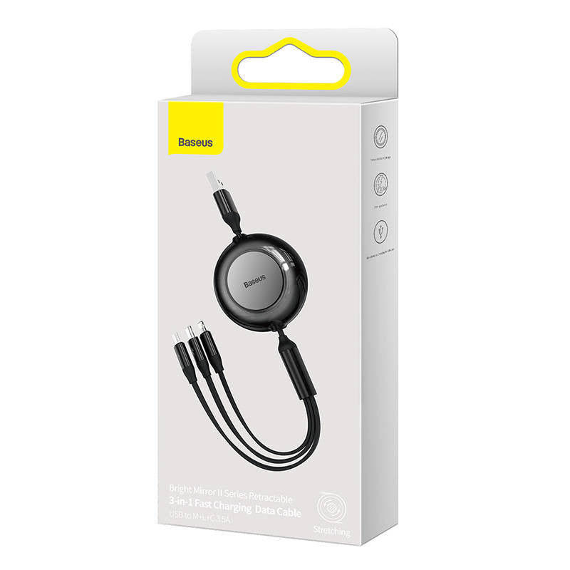 Baseus Bright Mirror 2, USB 3-i-1-kabel til mikro USB / USB-C / Lightning 3.5A 1.1m (Sort)