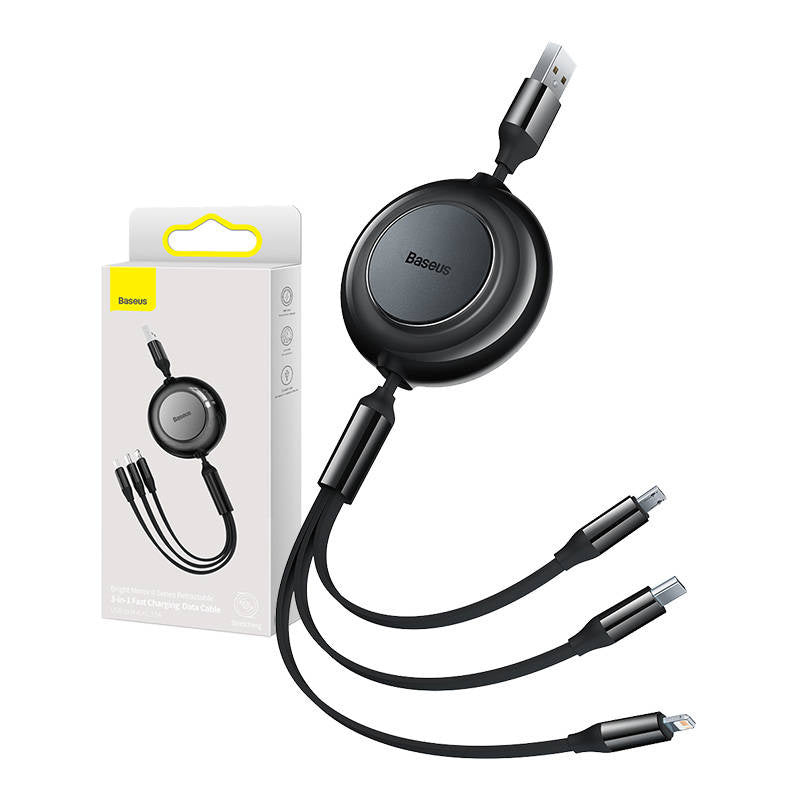 Baseus Bright Mirror 2, USB 3-i-1-kabel til mikro USB / USB-C / Lightning 3.5A 1.1m (Sort)