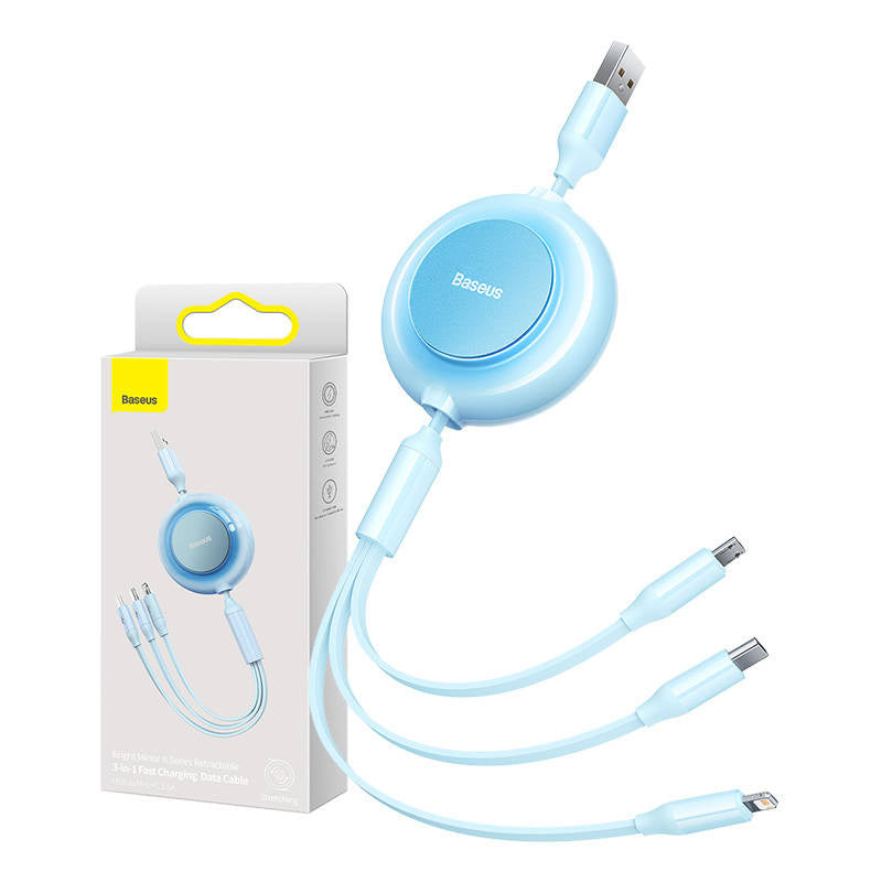 Baseus Bright Mirror 2, USB 3-i-1-kabel til mikro USB / USB-C / Lightning 3,5 A 1,1 m (himmelblå)