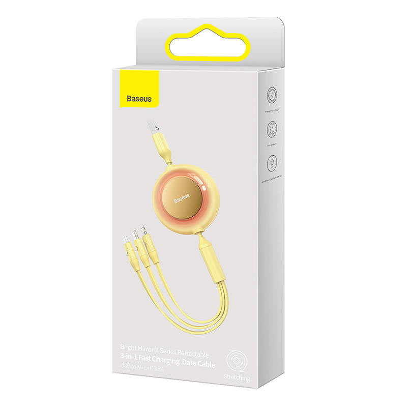 Baseus Bright Mirror 2, USB 3-i-1-kabel til mikro USB / USB-C / Lightning 3.5A 1.1m (gul)