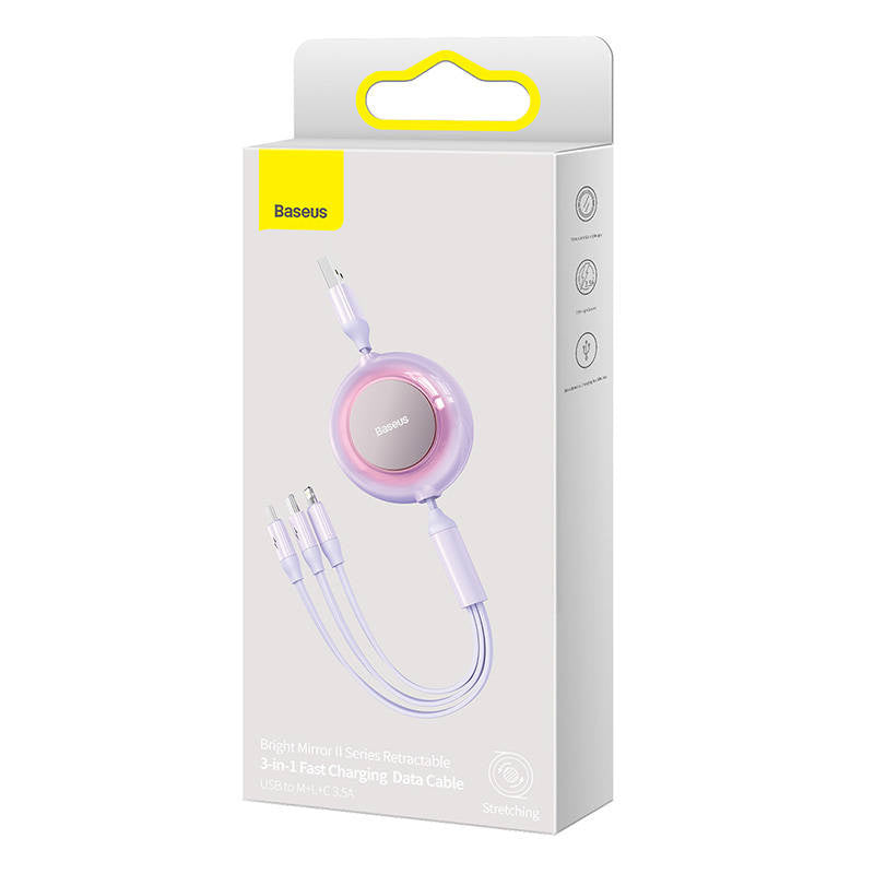 Baseus Bright Mirror 2, 3-i-1-USB 3-i-1-kabel til mikro-USB / USB-C / Lightning 3.5A 1.1m (purpur)