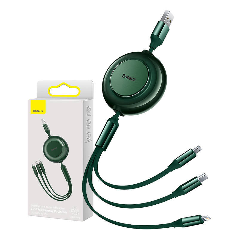Baseus Bright Mirror 2, USB 3-i-1-kabel til mikro USB / USB-C / Lightning 3,5 A 1,1 m (grøn)