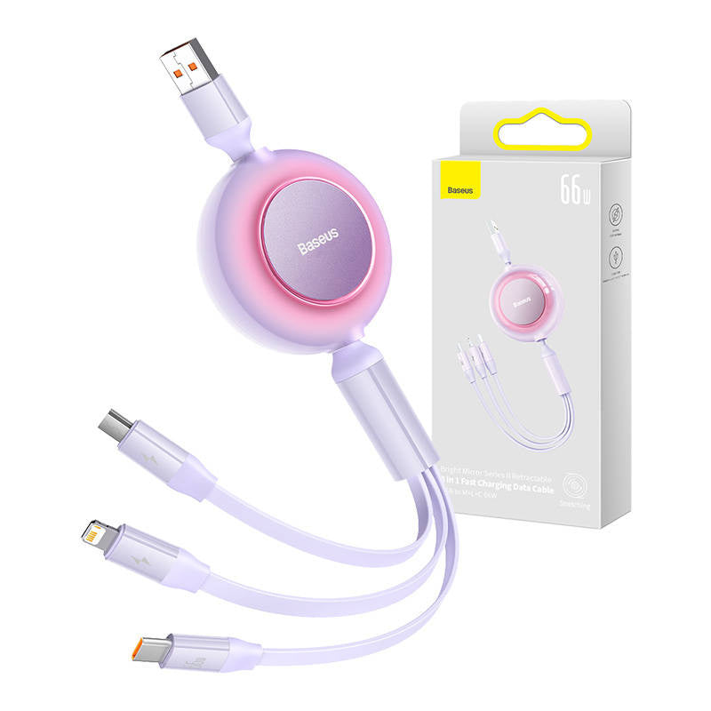 Baseus Bright Mirror 3, USB 3-i-1-kabel til mikro USB / USB-C / Lightning 66W / 2A 1.1m (purpur)