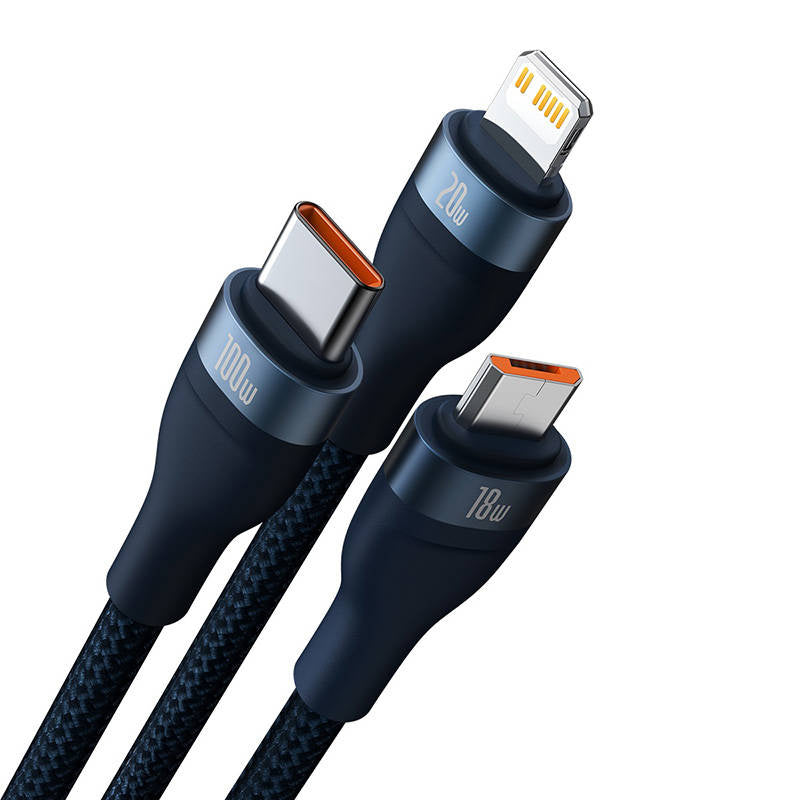 3in1 USB-kabel Baseus Flash Series 2, USB-C + micro USB + Lightning, 100W, 1.2m (blå)