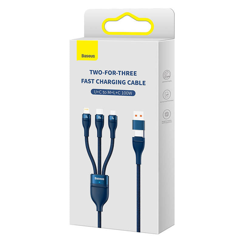 3in1 USB-kabel Baseus Flash Series 2, USB-C + micro USB + Lightning, 100W, 1.2m (blå)