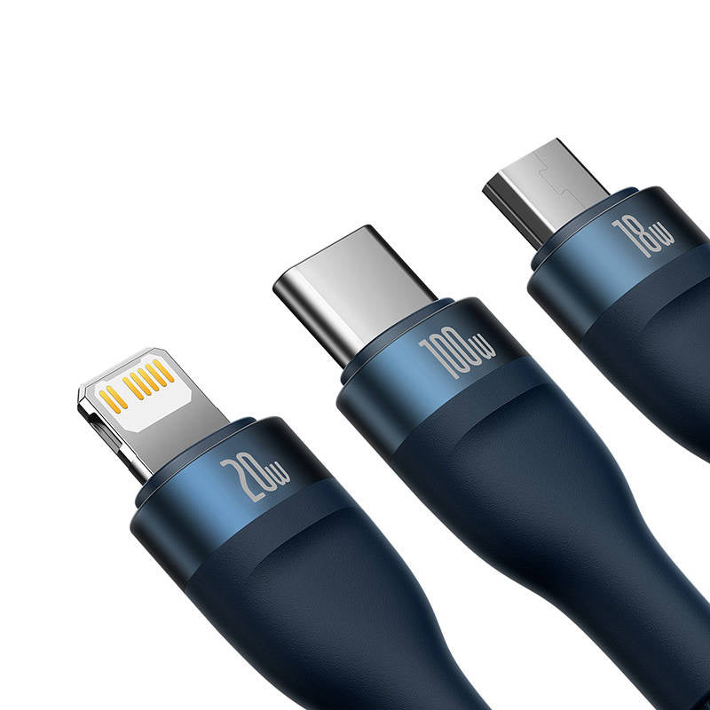 3in1 USB-kabel Baseus Flash Series 2, USB-C + micro USB + Lightning, 100W, 1.2m (blå)