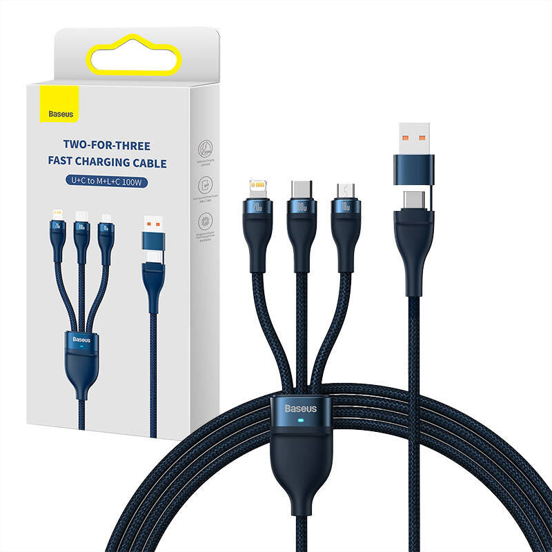 3in1 USB-kabel Baseus Flash Series 2, USB-C + micro USB + Lightning, 100W, 1.2m (blå)