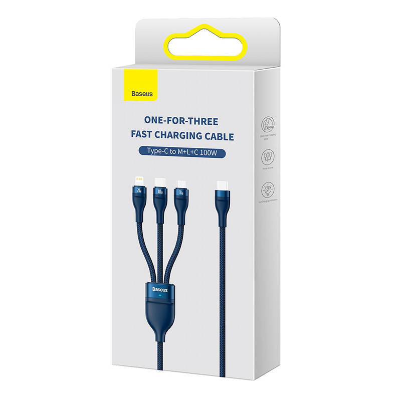 3in1 USB-kabel Baseus Flash Series 2, USB-C + micro USB + Lightning, 100W, 1,5m (blå)