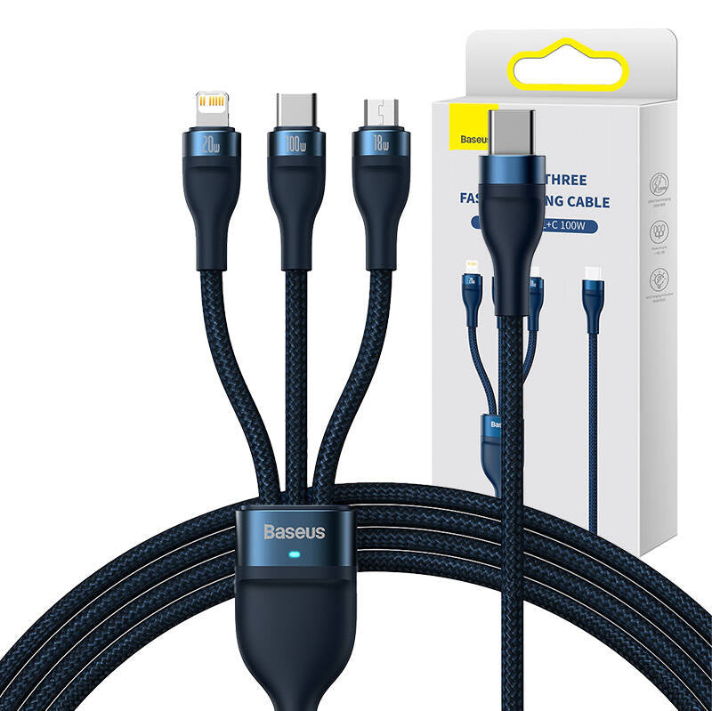 3in1 USB-kabel Baseus Flash Series 2, USB-C + micro USB + Lightning, 100W, 1,5m (blå)