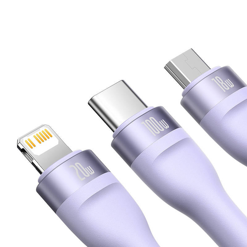 3in1 USB-kabel Baseus Flash Series 2, USB-C + micro USB + Lightning, 100W, 1.2m (lila)