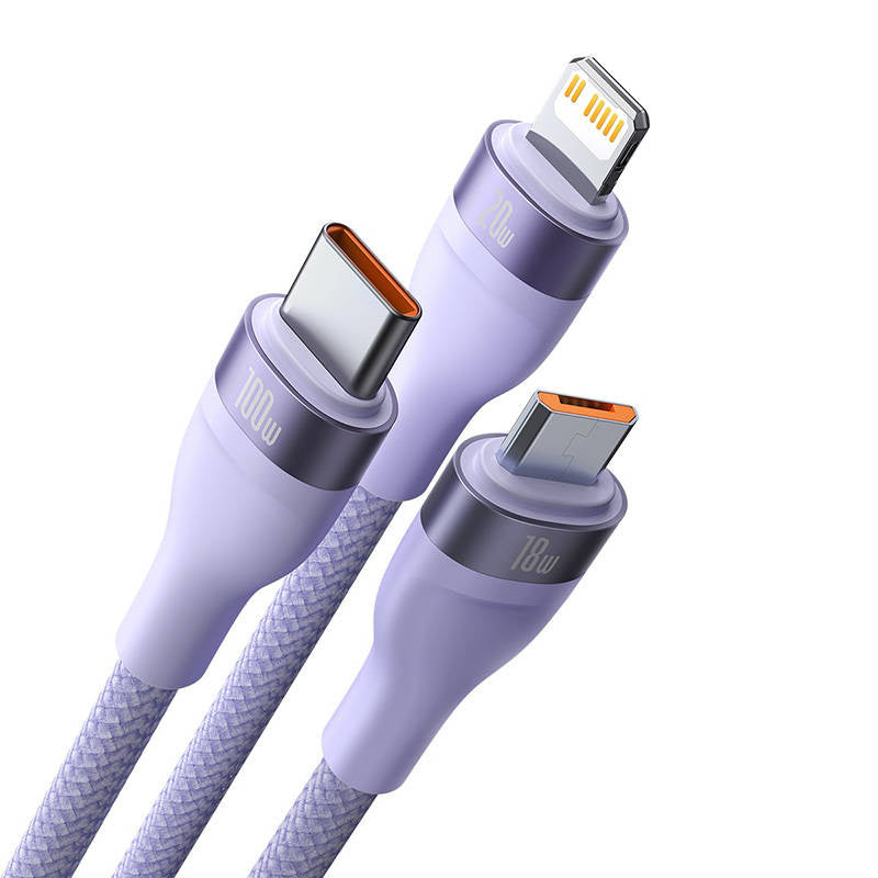 3in1 USB-kabel Baseus Flash Series 2, USB-C + micro USB + Lightning, 100W, 1.2m (lila)