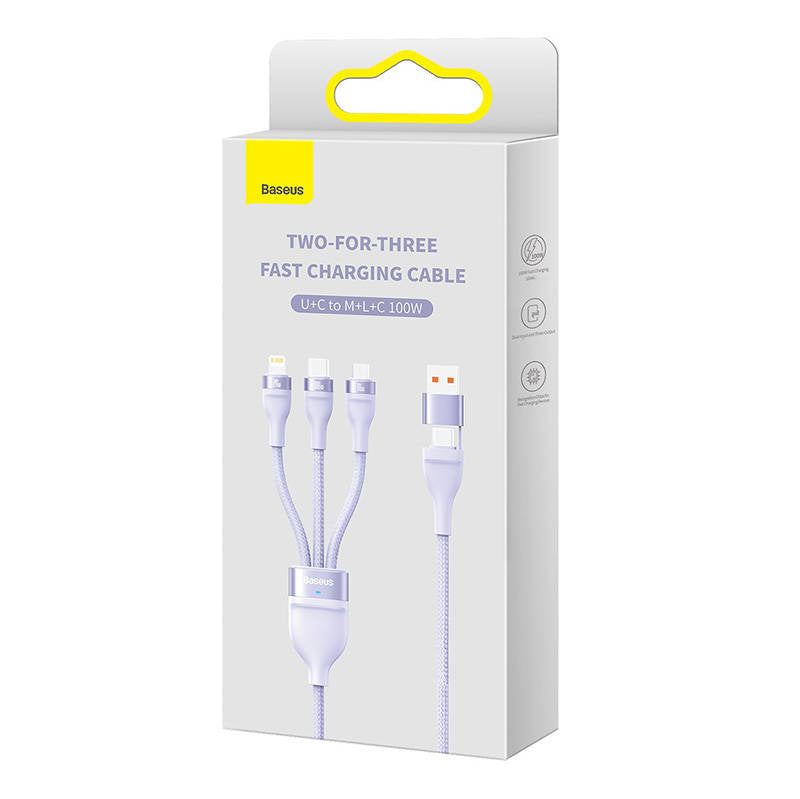 3in1 USB-kabel Baseus Flash Series 2, USB-C + micro USB + Lightning, 100W, 1.2m (lila)