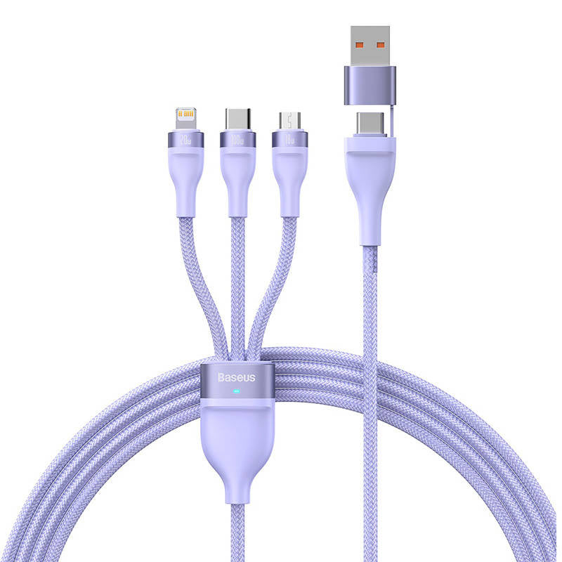 3in1 USB-kabel Baseus Flash Series 2, USB-C + micro USB + Lightning, 100W, 1.2m (lila)