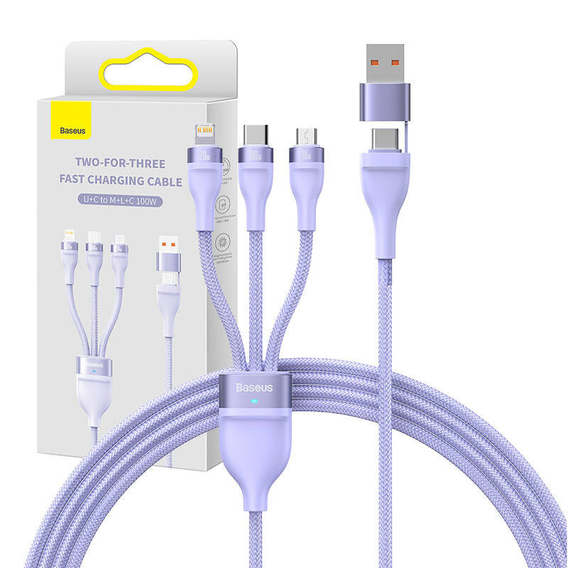 3in1 USB-kabel Baseus Flash Series 2, USB-C + micro USB + Lightning, 100W, 1.2m (lila)