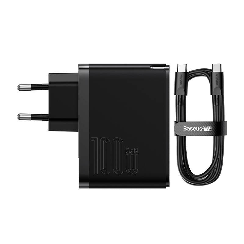 Væglader Baseus GaN USB-C + USB, 100W + 1m kabel (sort)