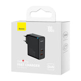 Væglader Baseus GaN USB-C + USB, 100W + 1m kabel (sort)