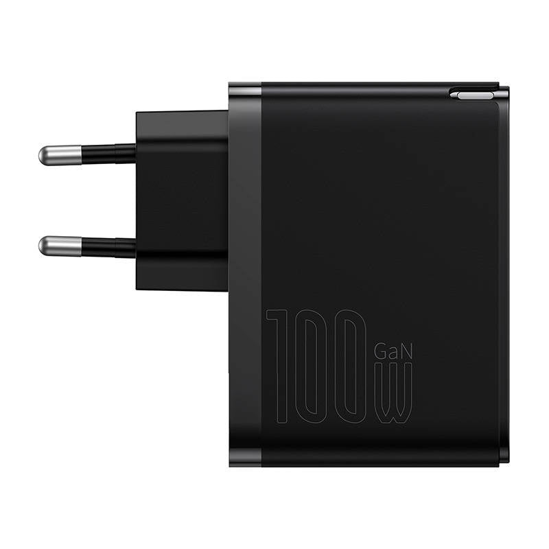 Væglader Baseus GaN USB-C + USB, 100W + 1m kabel (sort)
