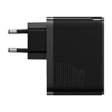 Væglader Baseus GaN USB-C + USB, 100W + 1m kabel (sort)