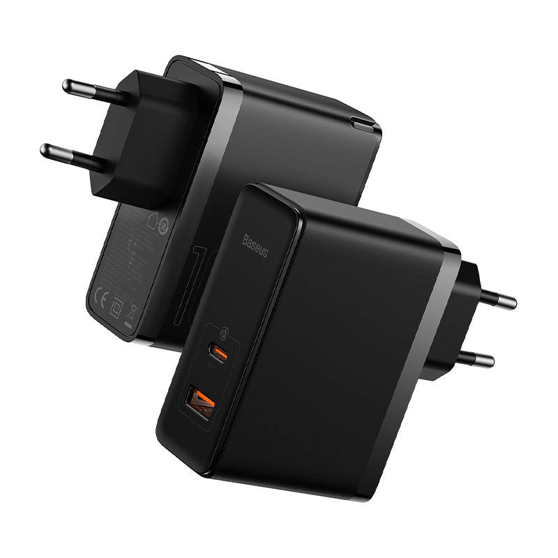 Væglader Baseus GaN USB-C + USB, 100W + 1m kabel (sort)