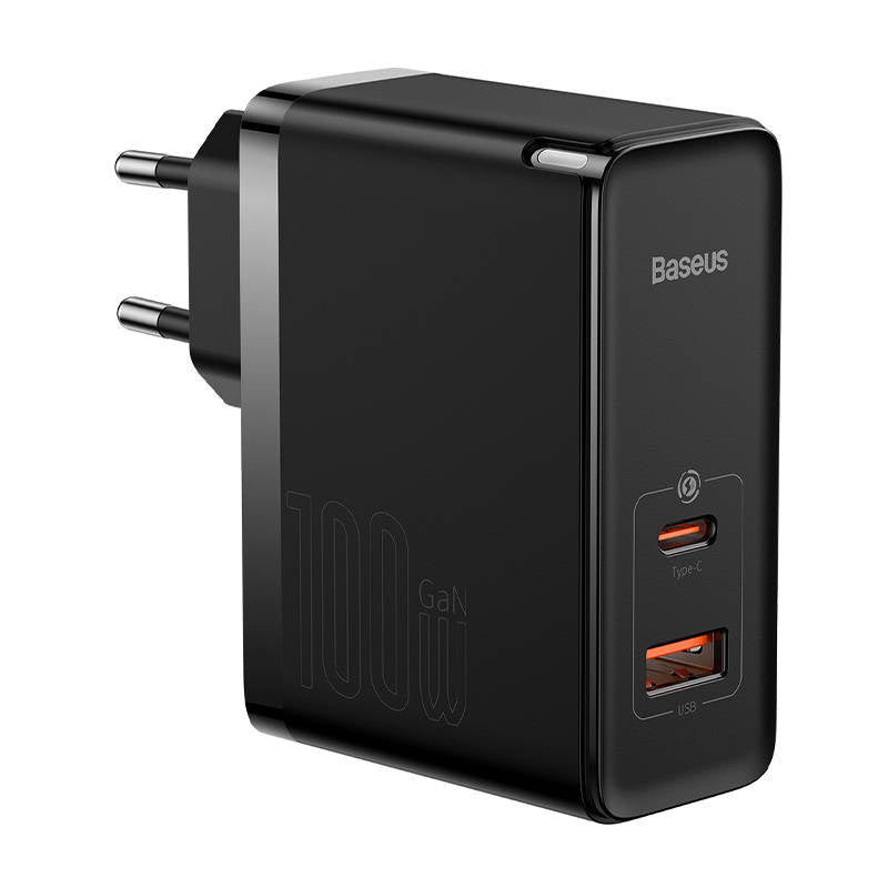 Væglader Baseus GaN USB-C + USB, 100W + 1m kabel (sort)