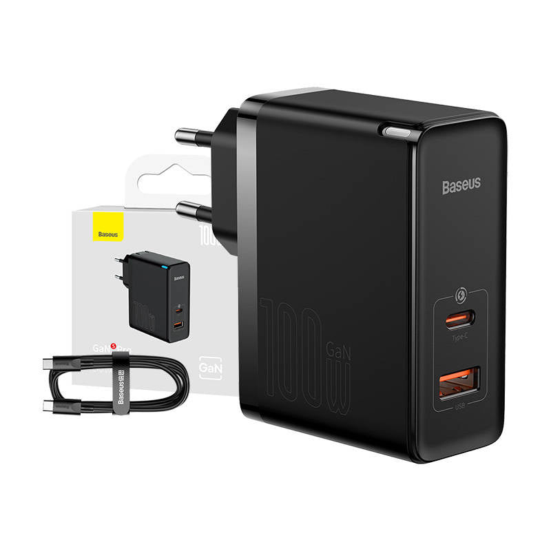 Væglader Baseus GaN USB-C + USB, 100W + 1m kabel (sort)