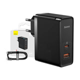 Væglader Baseus GaN USB-C + USB, 100W + 1m kabel (sort)