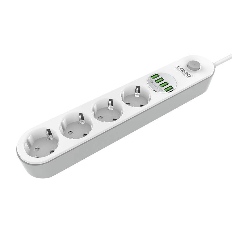 Strømstrimmel med 4 stikkontakter, 4x USB, LDNIO SE4432, 2m (hvid)