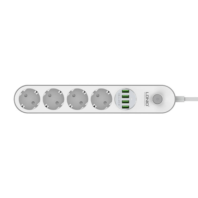 Strømstrimmel med 4 stikkontakter, 4x USB, LDNIO SE4432, 2m (hvid)
