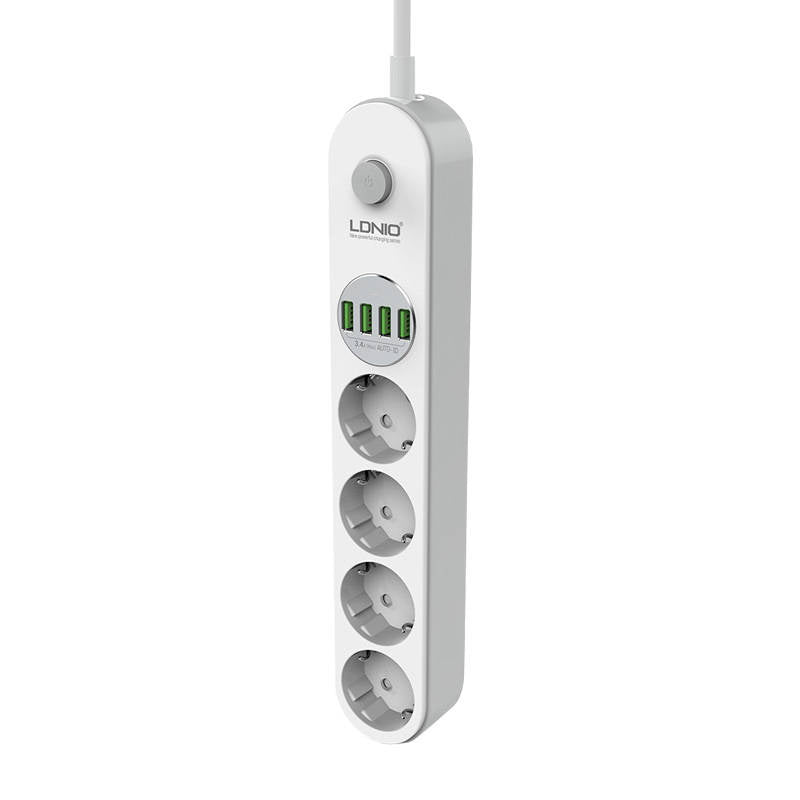 Strømstrimmel med 4 stikkontakter, 4x USB, LDNIO SE4432, 2m (hvid)