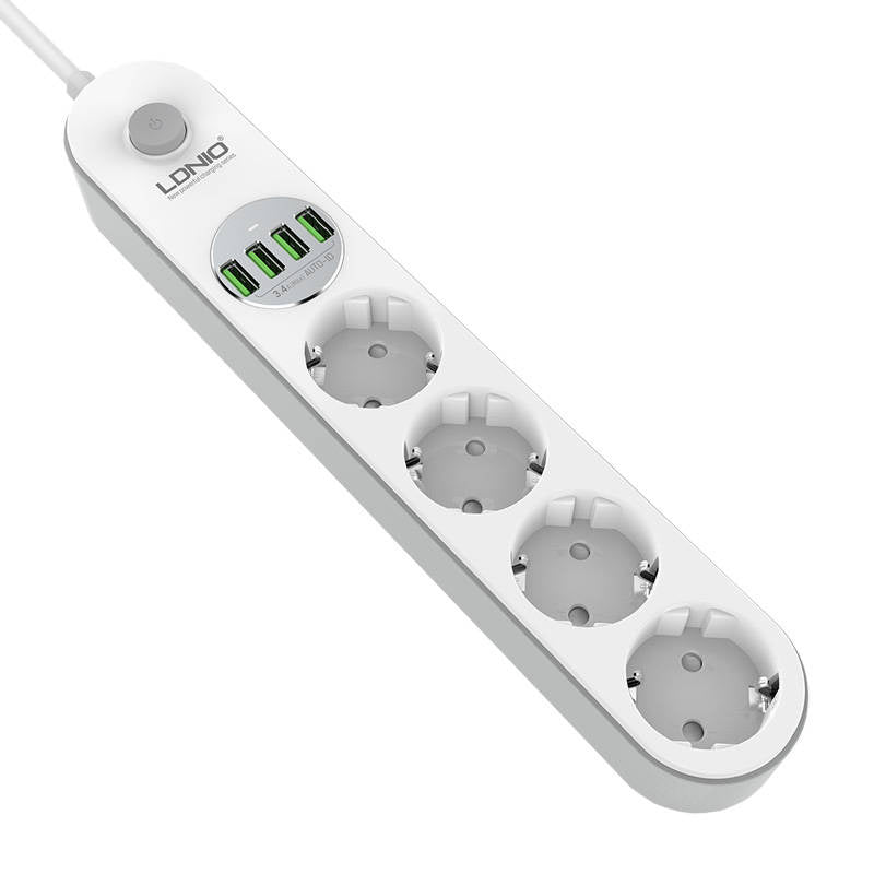 Strømstrimmel med 4 stikkontakter, 4x USB, LDNIO SE4432, 2m (hvid)
