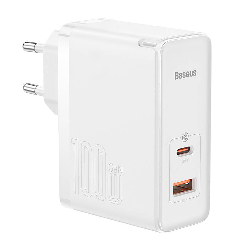Væglader Baseus GaN5 Pro USB-C + USB, 100W + 1m kabel (hvid)