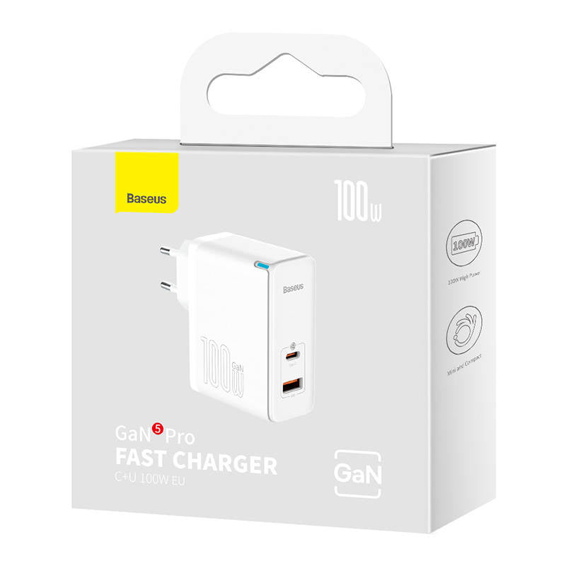 Væglader Baseus GaN5 Pro USB-C + USB, 100W + 1m kabel (hvid)