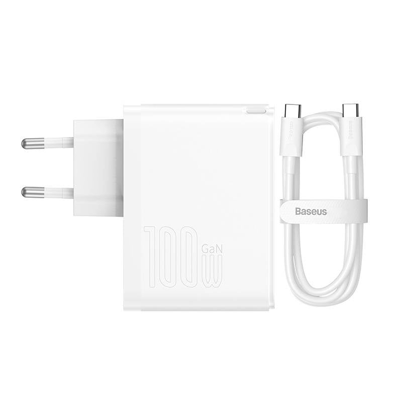 Væglader Baseus GaN5 Pro USB-C + USB, 100W + 1m kabel (hvid)