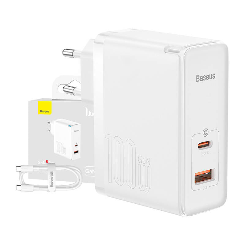 Væglader Baseus GaN5 Pro USB-C + USB, 100W + 1m kabel (hvid)