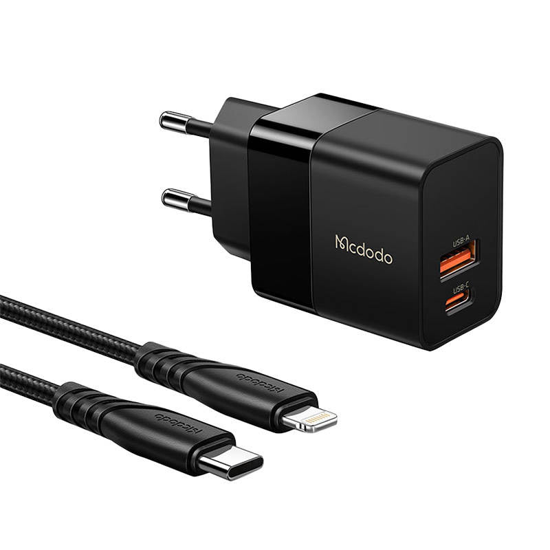 Væglader Mcdodo CH-1952 USB + USB-C, 20W + USB-C til Lightning-kabel (sort)