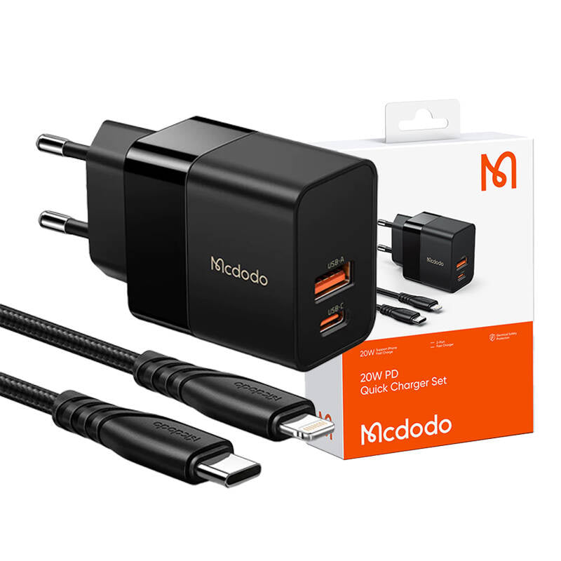 Væglader Mcdodo CH-1952 USB + USB-C, 20W + USB-C til Lightning-kabel (sort)