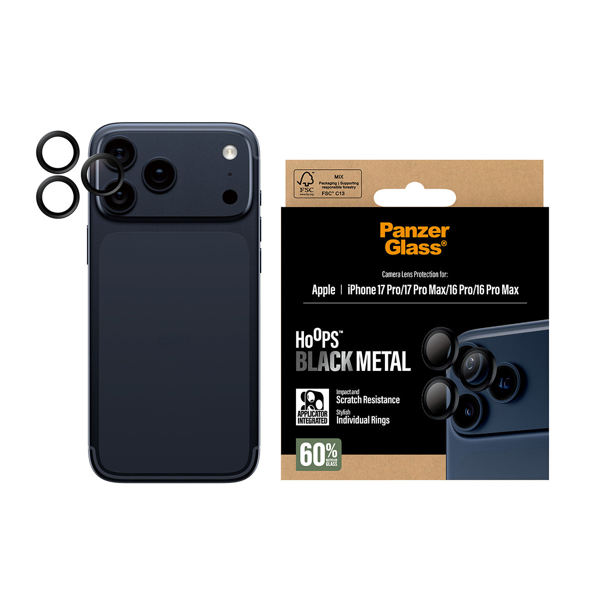 PanzerGlass ® Hoops® Sort Kameralinsebeskytter iPhone 17 Pro | iPhone 17 Pro Max | iPhone 16 Pro | 16 Pro Max