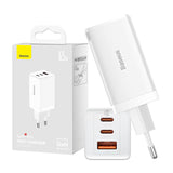 Væglader Baseus GaN5 Pro 2xUSB-C + USB, 65W (hvid)