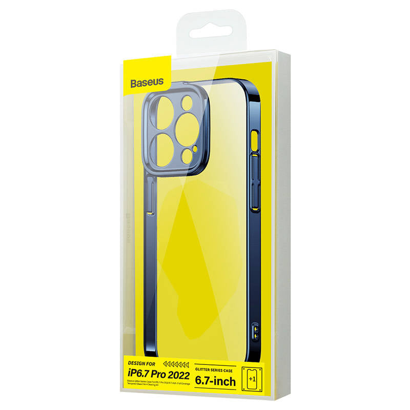 Baseus Glitter Transparent Case og tempereret glas sæt til iPhone 14 Pro Max (blå)