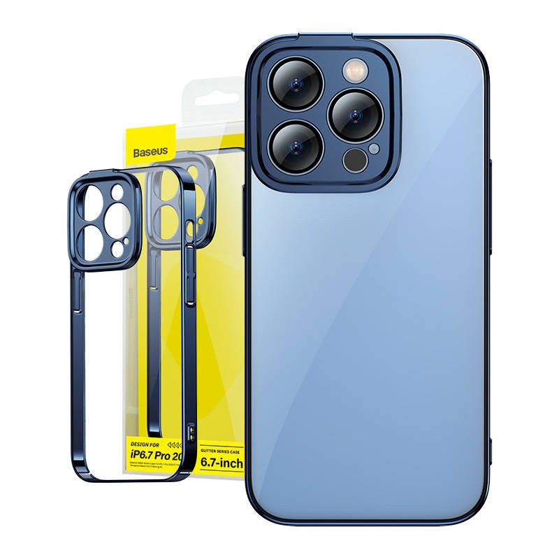 Baseus Glitter Transparent Case og tempereret glas sæt til iPhone 14 Pro Max (blå)
