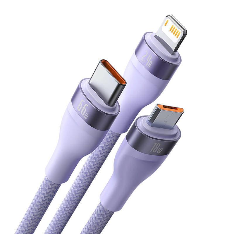 3in1 USB-kabel Baseus Flash II-serie, USB-C + micro USB + Lightning, 66W, 1.2m (purpur)