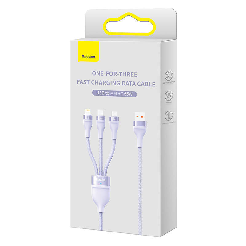 3in1 USB-kabel Baseus Flash II-serie, USB-C + micro USB + Lightning, 66W, 1.2m (purpur)