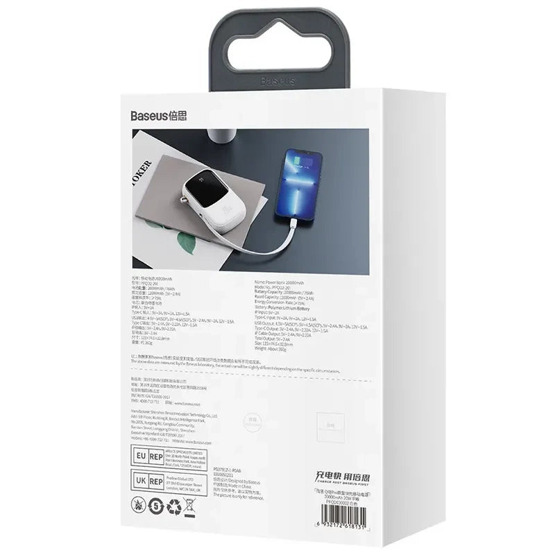 Powerbank Baseus Qpow PRO med Lightning-kabel, USB-C-port og USB 20000mAh, 20W (hvid)