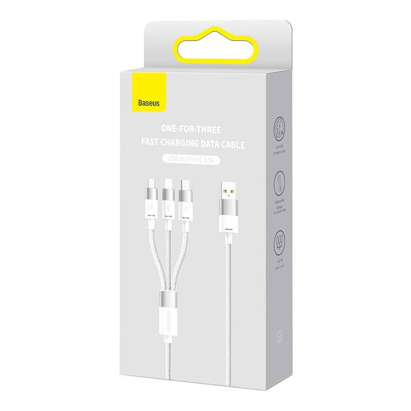3in1 USB-kabel Baseus StarSpeed Series, USB-C + Micro + Lightning 3,5A, 1,2m (hvid)
