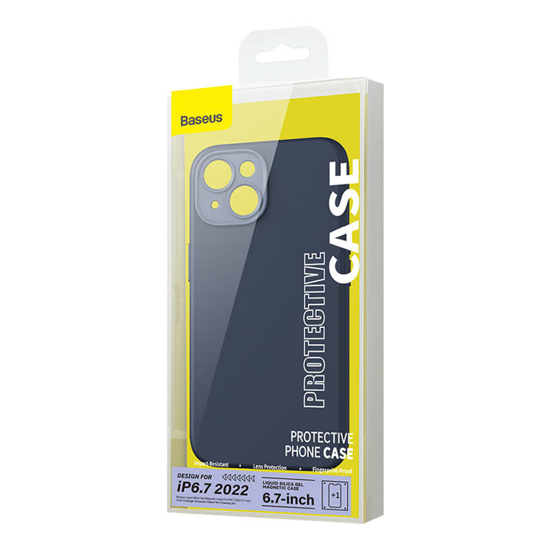Baseus flydende siliciummagnetisk case og tempereret glas sæt til iPhone 14 Plus (blå)