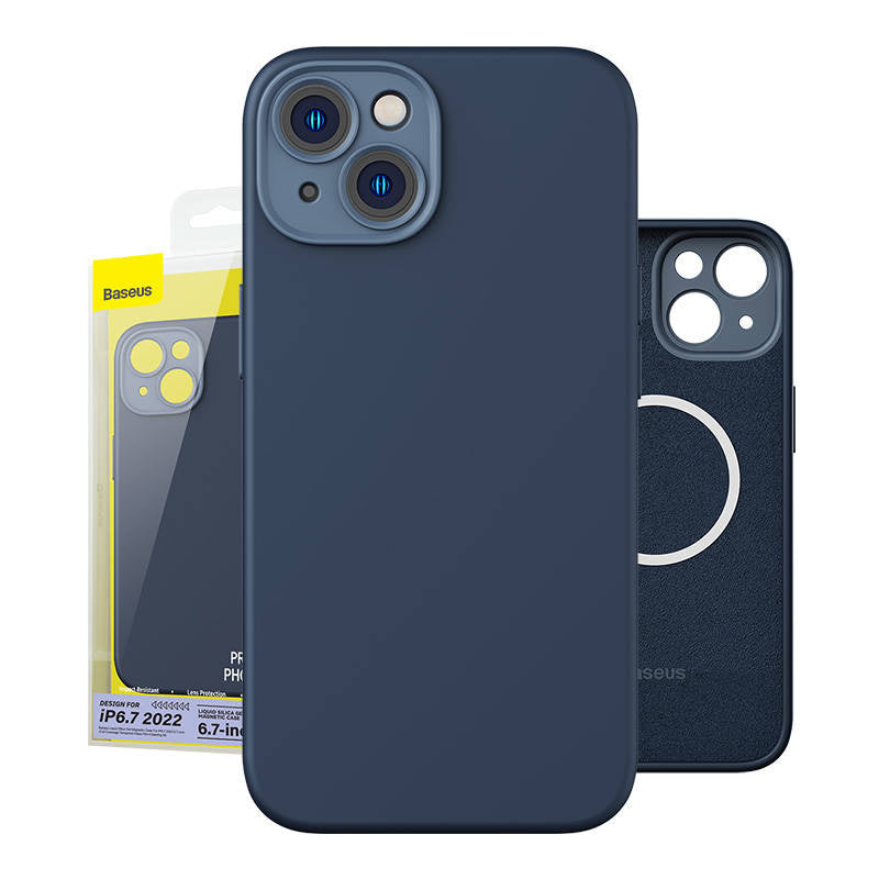 Baseus flydende siliciummagnetisk case og tempereret glas sæt til iPhone 14 Plus (blå)