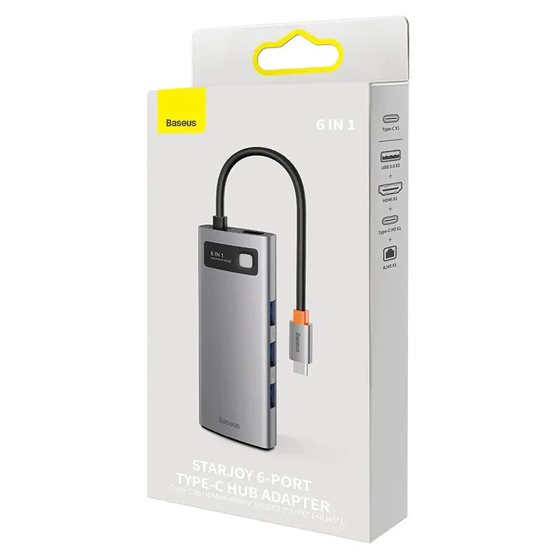 Hub 6in1 Baseus StarJoy Series, USB-C til 3x USB 3.0 + HDMI + USB-C PD + RJ45