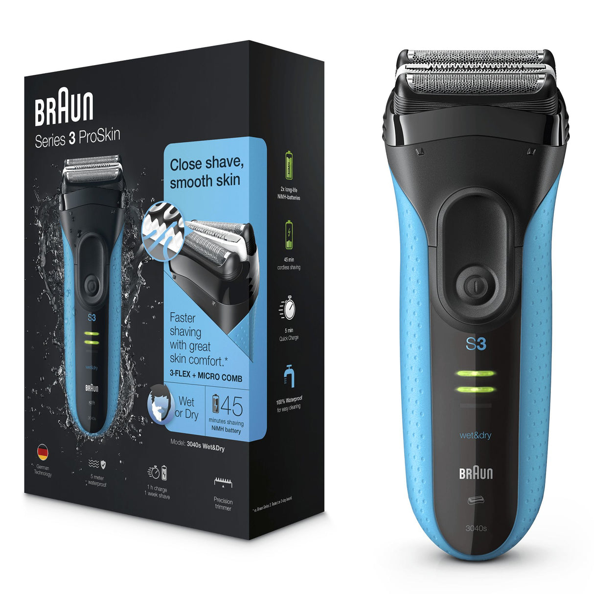 Braun Series 3 3040s Barbermaskine Sort Blå