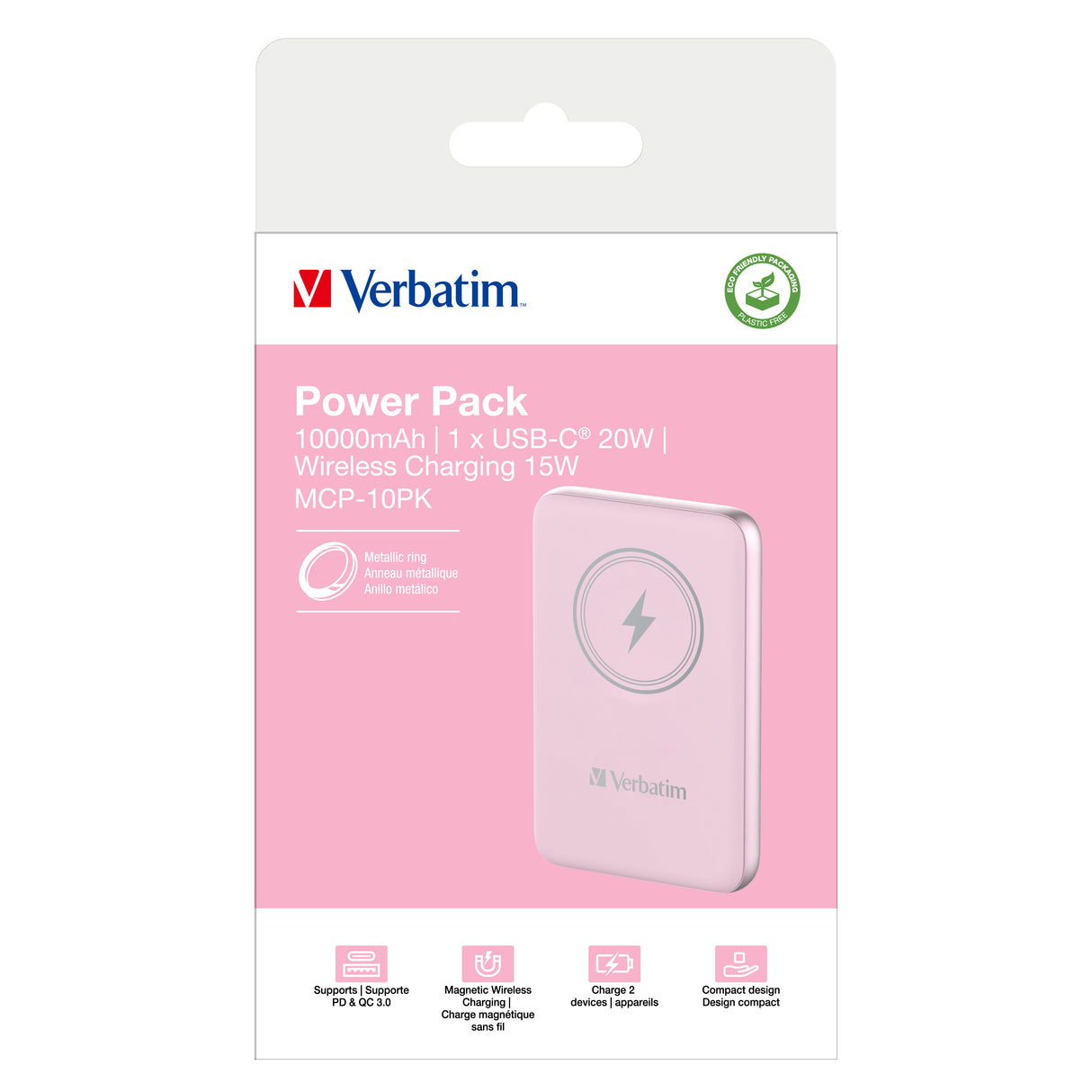 Verbatim Charge 'n' Go Lithium polymer (LiPo) 10000 mAh Trådløs opladning Lyserød