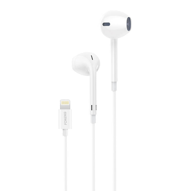Foneng T28 Wired Earphones, Lightning, med fjernbetjening (hvid)